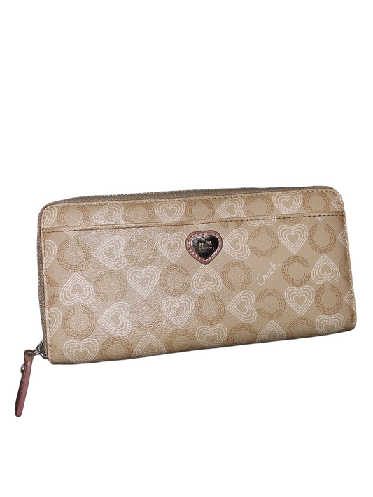 Coach Signature Hearts Zip Around Wallet Khaki Pink