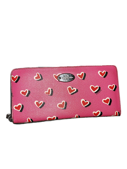 Coach Heart Print Zip Around Wallet Pink Leather