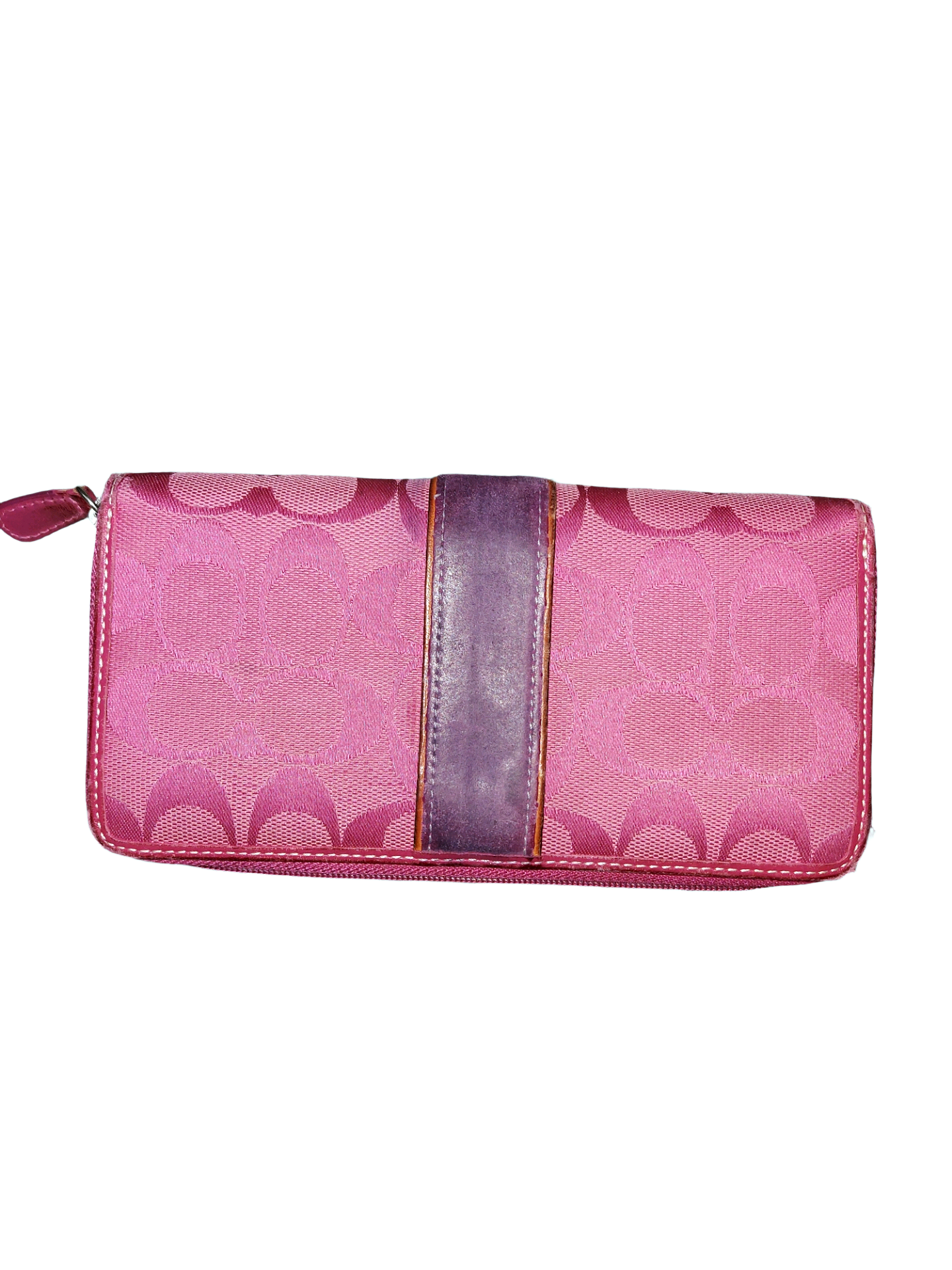 Coach Signature Stripe Zip Around Wallet Pink Canvas & Leather