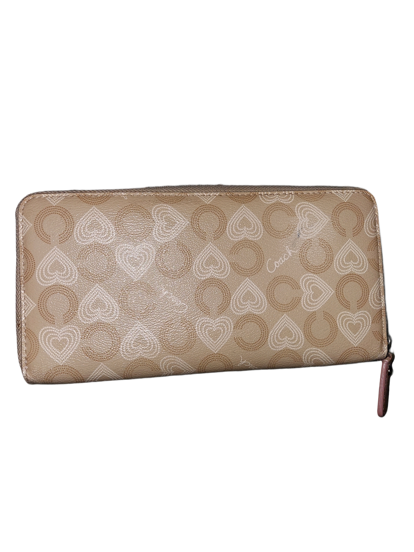 Coach Signature Hearts Zip Around Wallet Khaki Pink