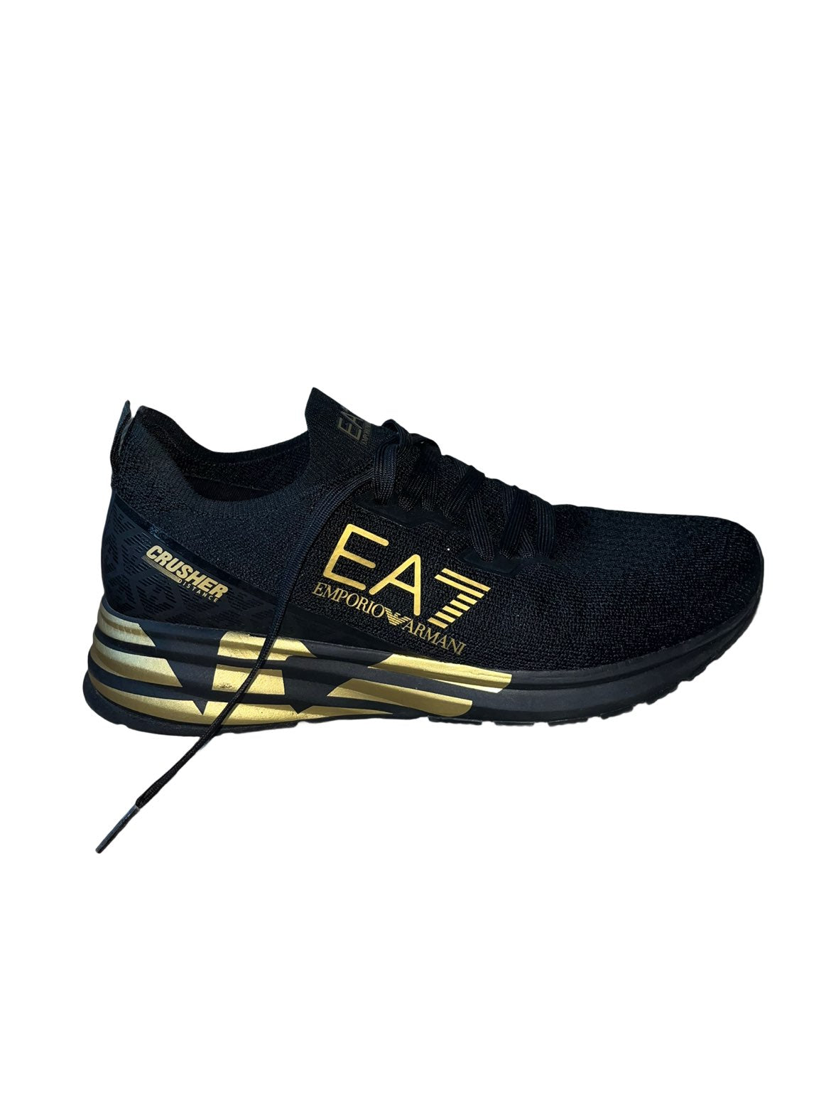 EA7 Emporio Armani Crusher Distance Knit Trainers – Black/Gold (Size 9)